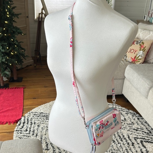 Vera Bradley Crossbody Wallet | Floral RFID Zip Wallet Bag Pink and Blue - Picture 2 of 16